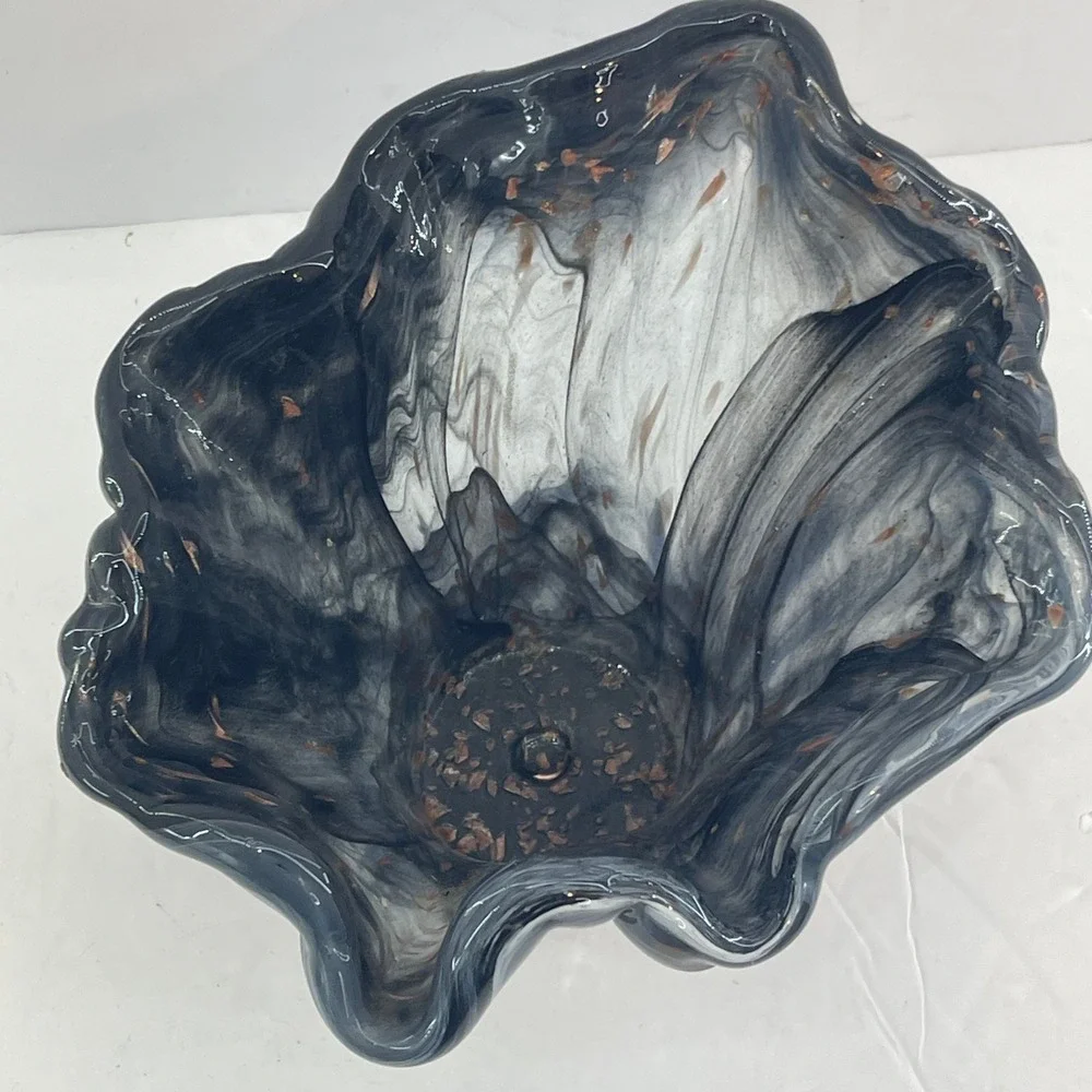 Vintage‎ Murano Style Handkerchief Art Glass Vase Blue Gray Copper Fleck Ruffle